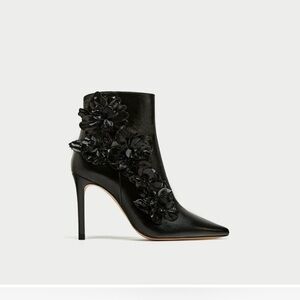 Zara Black Floral Appliqué Leather Ankle Booties